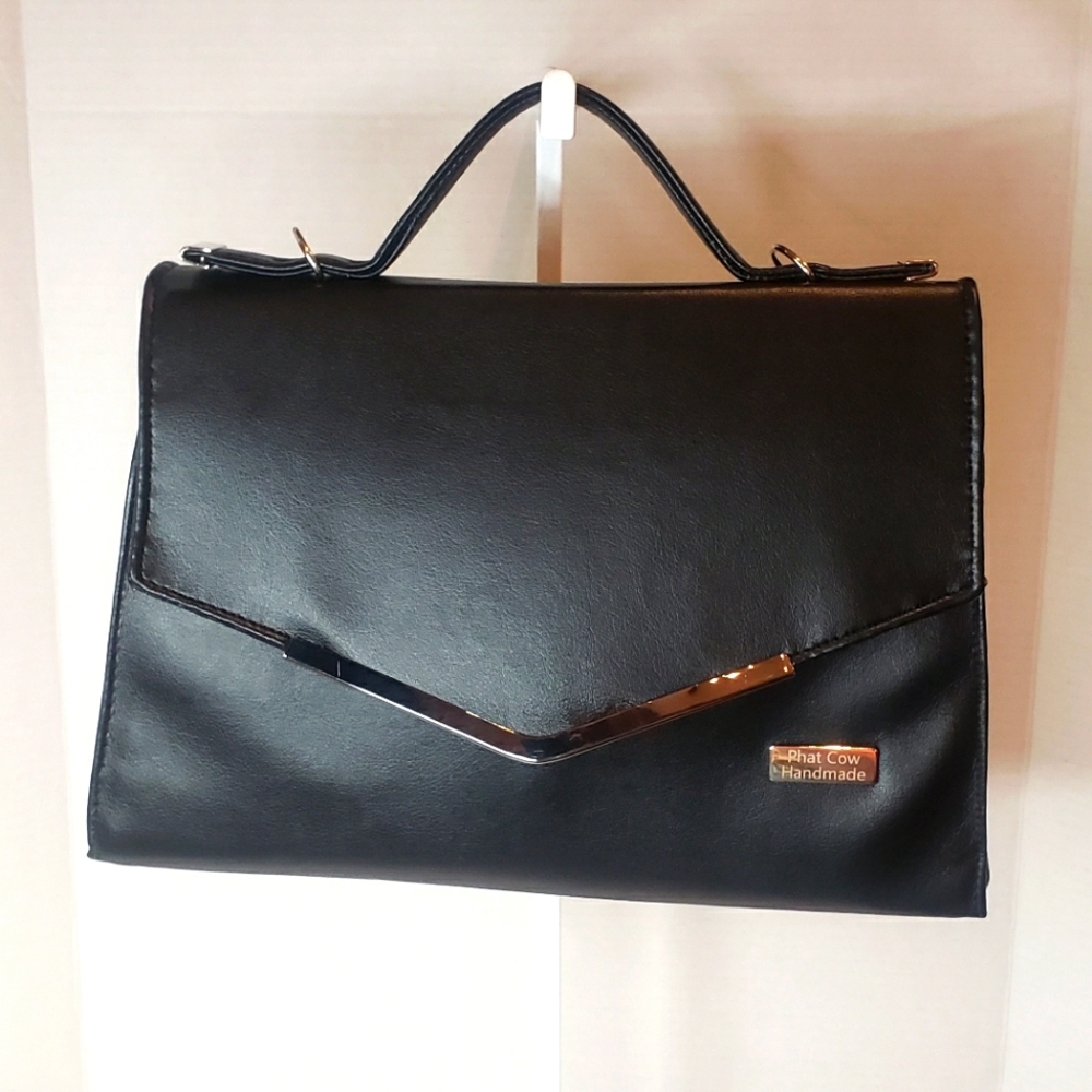 Handmade Black Vinyl And Cotton Handbag.
